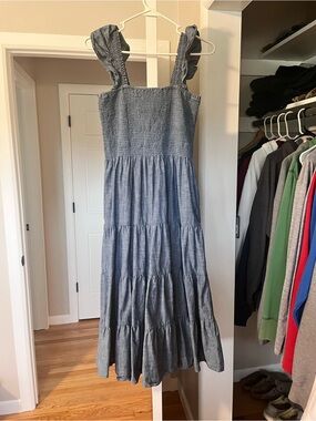 GAP Blue Smocked Tiered Midi Dress with Ruffle Straps